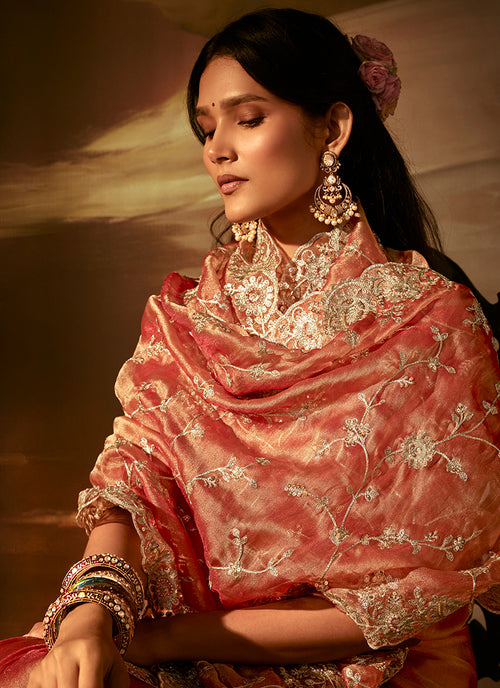 Coral And Red Embroidered Organza Silk Saree