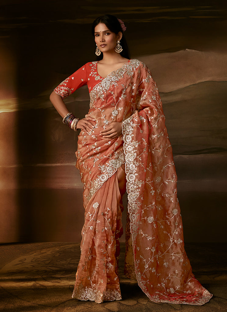 Coral And Red Embroidered Organza Silk Saree