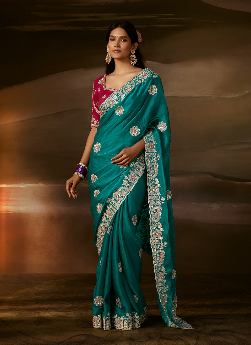 Turquoise And Magenta Embroidered Organza Silk Saree