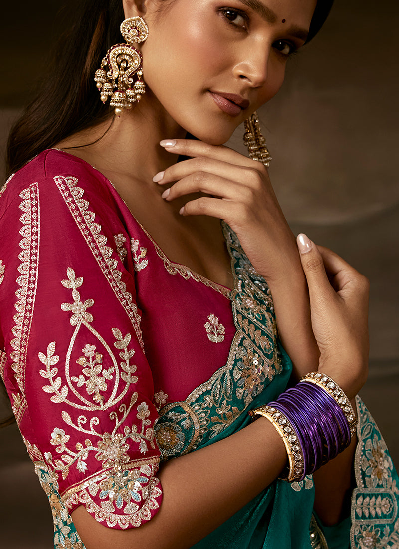 Turquoise And Magenta Embroidered Organza Silk Saree