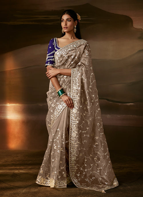 Beige And Purple Embroidered Organza Silk Saree