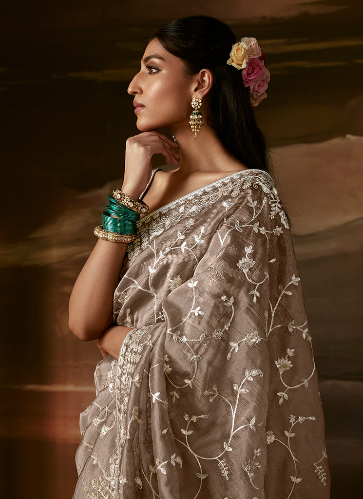 Beige And Purple Embroidered Organza Silk Saree