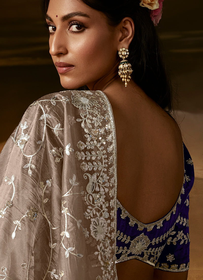 Beige And Purple Embroidered Organza Silk Saree