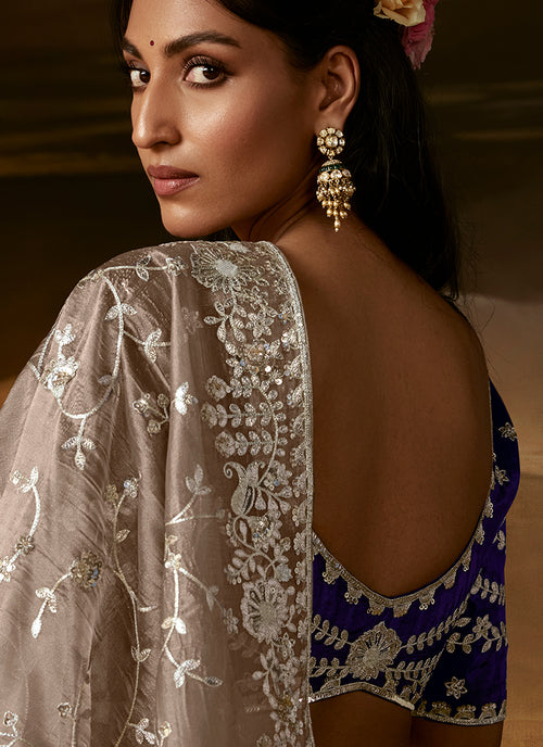 Beige And Purple Embroidered Organza Silk Saree