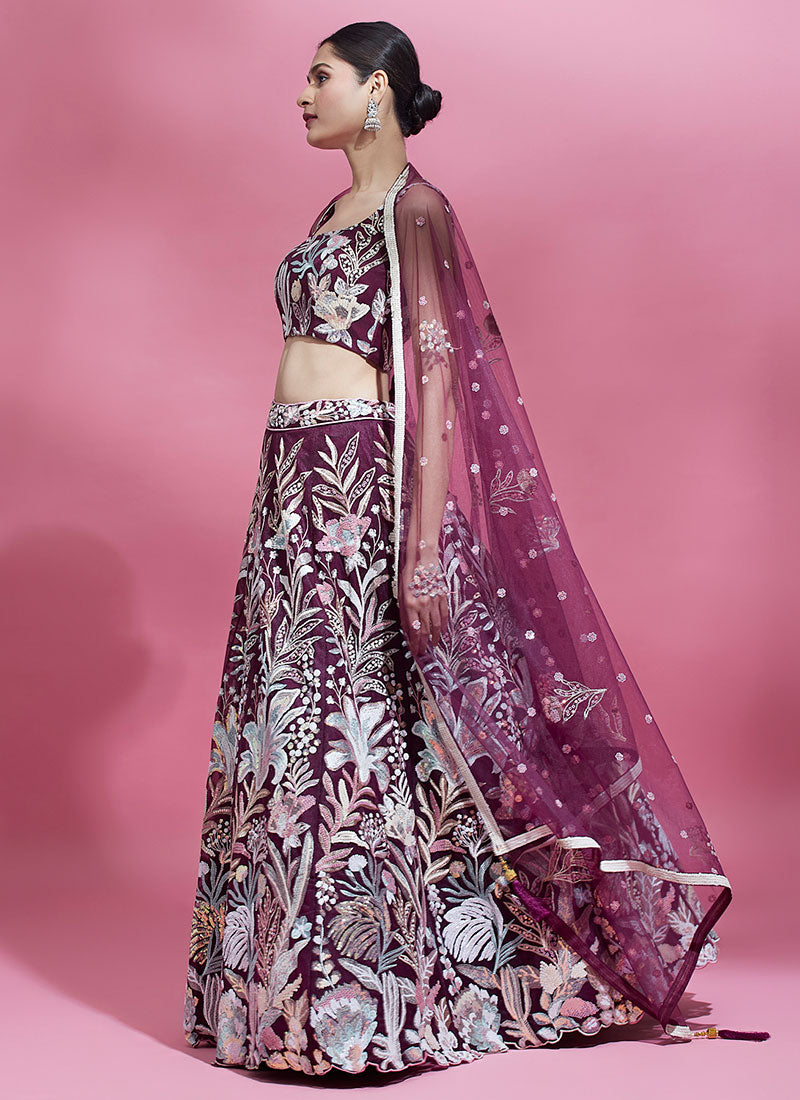 Burgundy Multi Embroidery Lehenga Choli And Dupatta