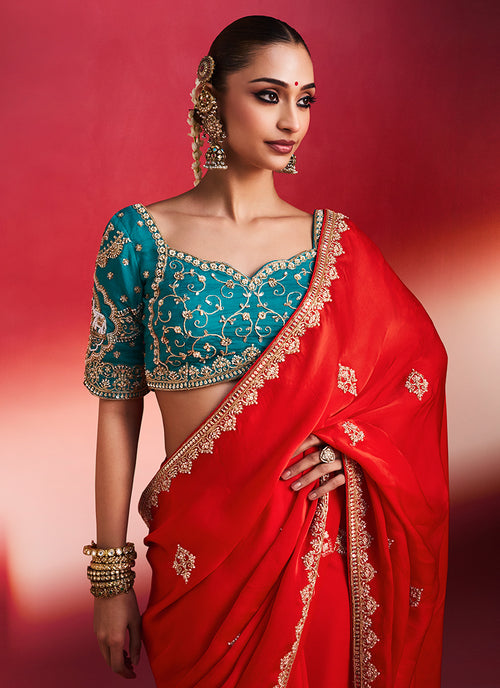 Red and Firozi Saree with Handworked Blouse