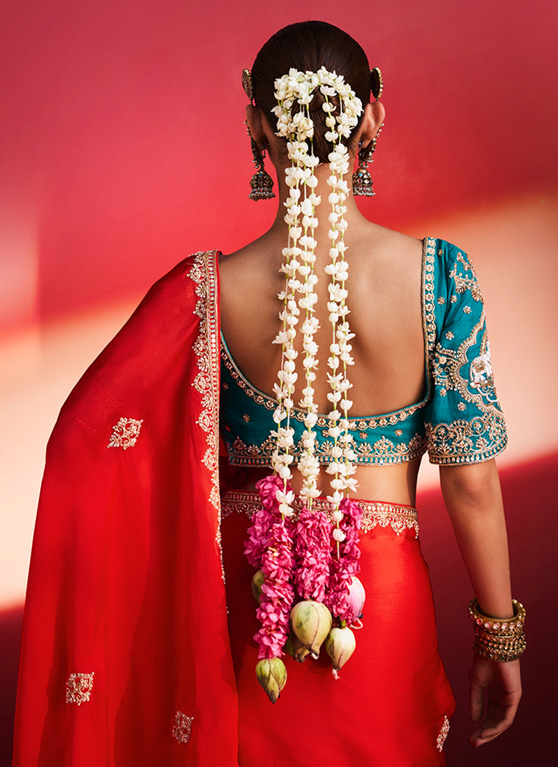 Red and Firozi Saree with Handworked Blouse