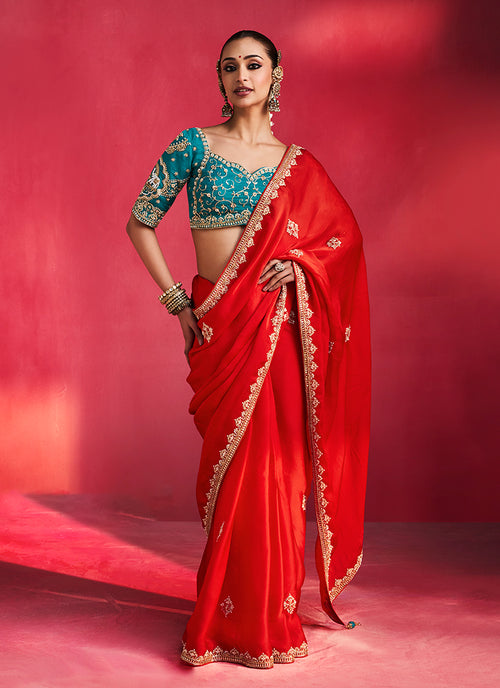 Red and Firozi Saree with Handworked Blouse