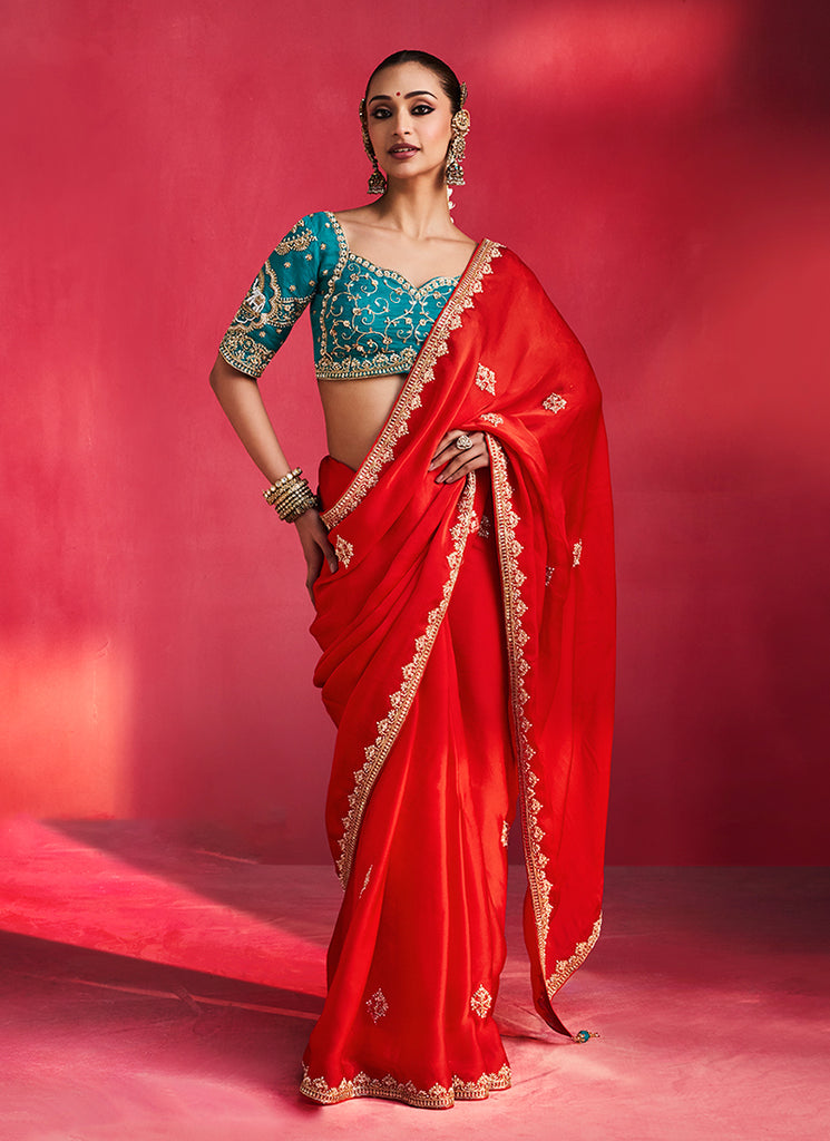 Red and Firozi Saree with Handworked Blouse