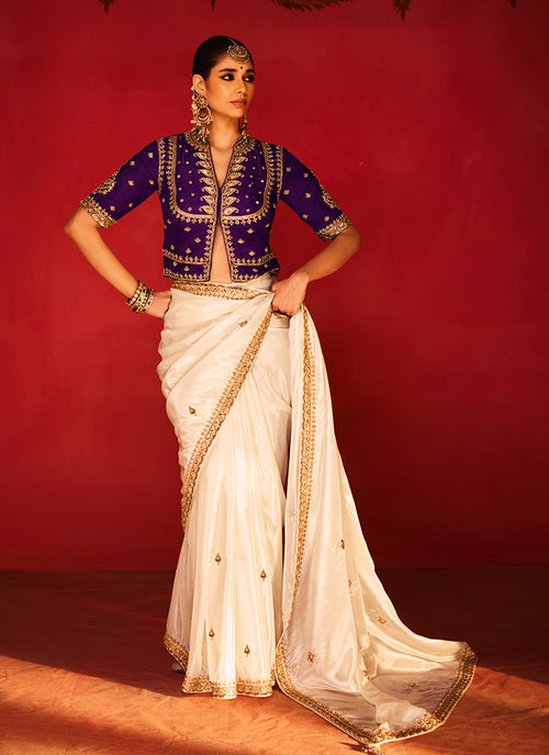 Off White and Purple Saree with Handworked Blouse