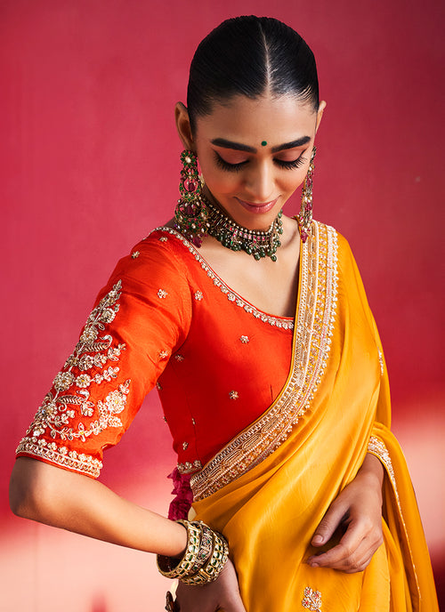 Orange and Yellow Saree with Handworked Blouse