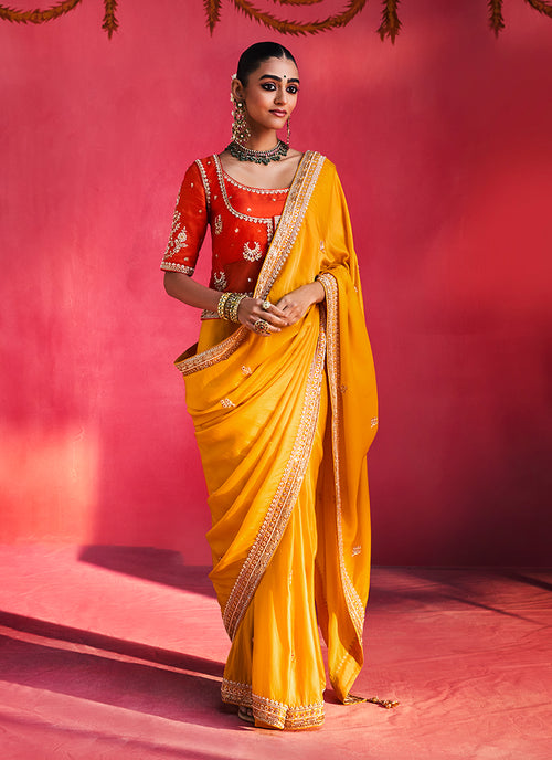Orange and Yellow Saree with Handworked Blouse