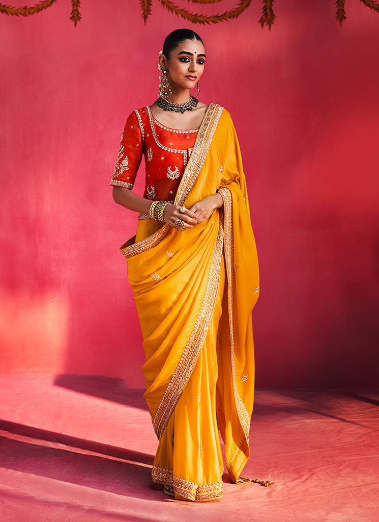 Orange and Yellow Saree with Handworked Blouse