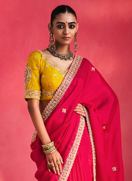 Magenta and Yellow Saree with Handworked Blouse