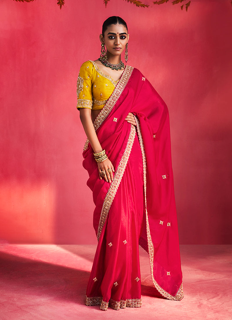 Magenta and Yellow Saree with Handworked Blouse