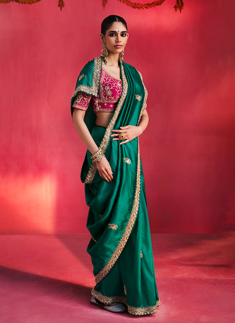 Emerald Green and Magenta Saree with Handworked Blouse