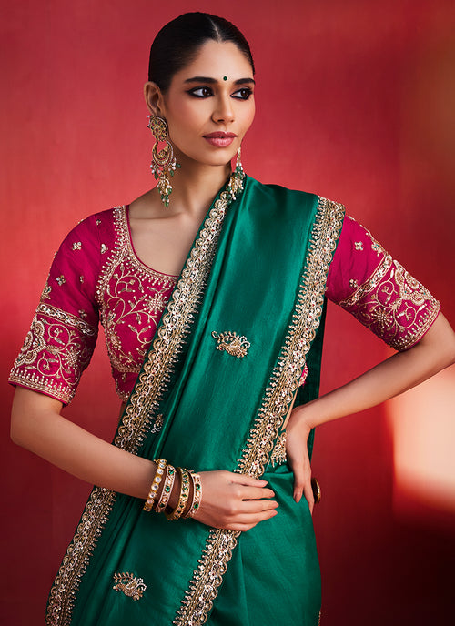 Emerald Green and Magenta Saree with Handworked Blouse