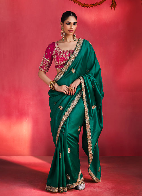 Emerald Green and Magenta Saree with Handworked Blouse