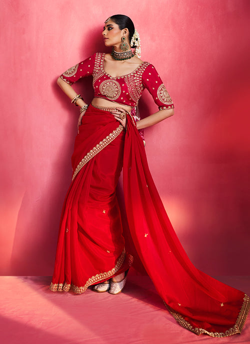 Bridal Red Saree with Handworked Blouse