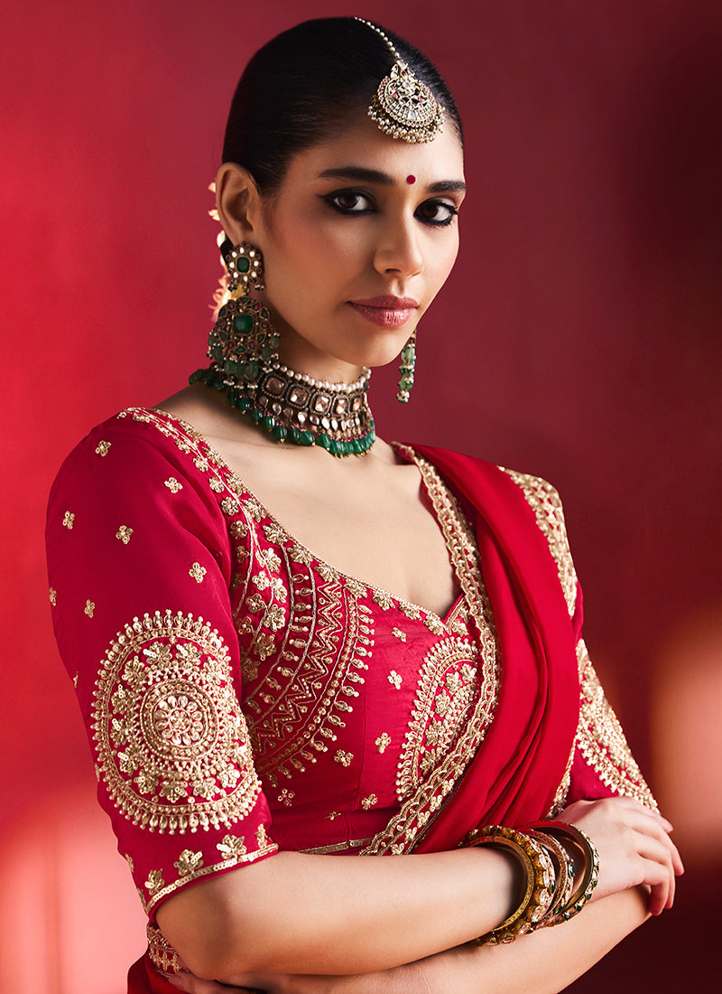 Bridal Red Saree with Handworked Blouse