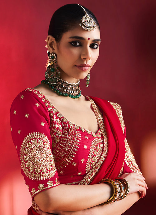 Bridal Red Saree with Handworked Blouse