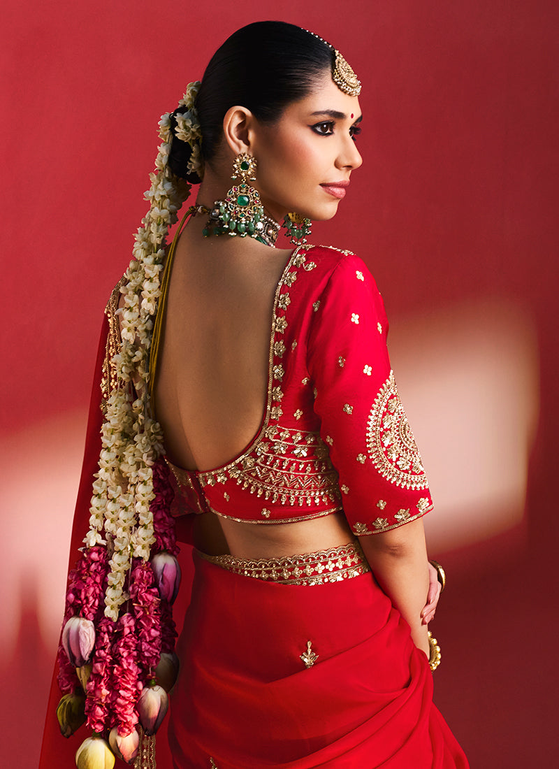 Bridal Red Saree with Handworked Blouse