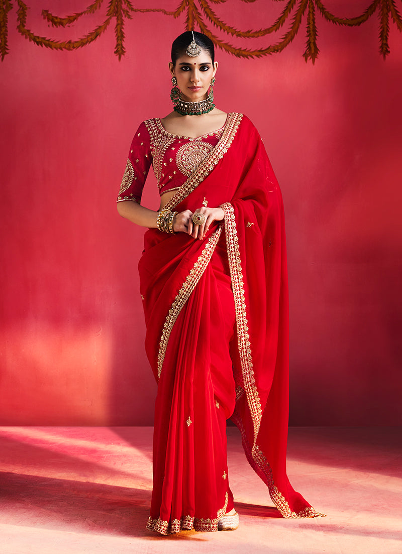 Bridal Red Saree with Handworked Blouse