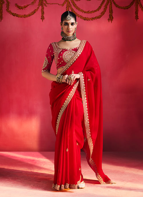 Bridal Red Saree with Handworked Blouse