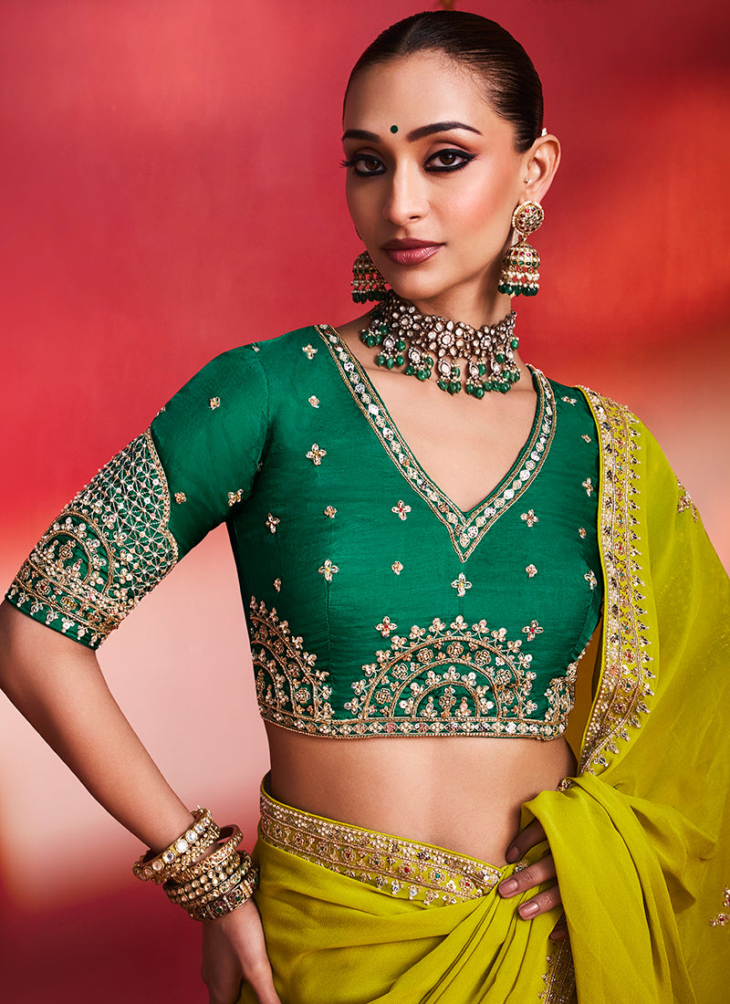 Yellow and Green Saree with Handworked Blouse
