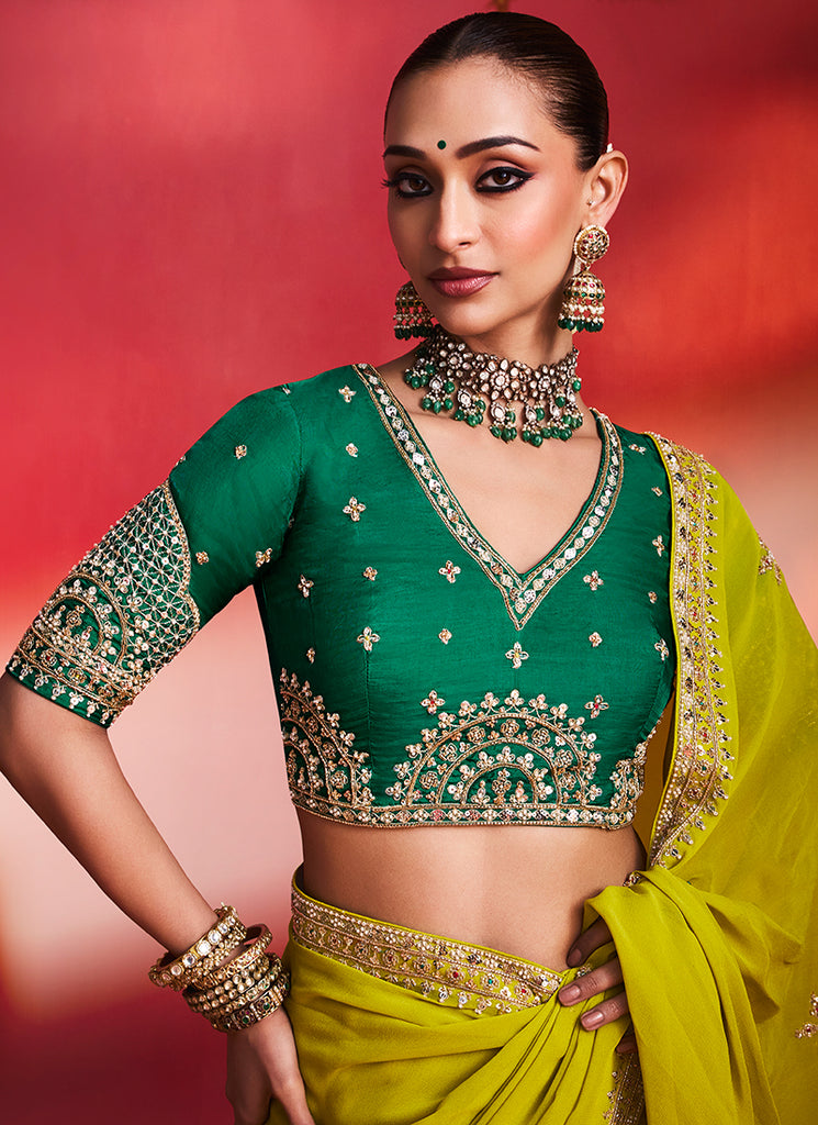 Yellow and Green Saree with Handworked Blouse