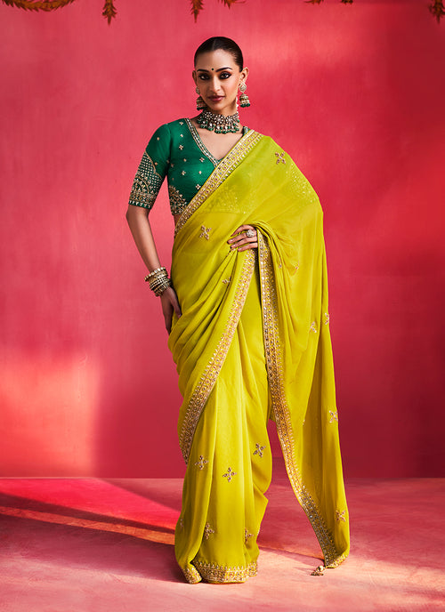 Yellow and Green Saree with Handworked Blouse