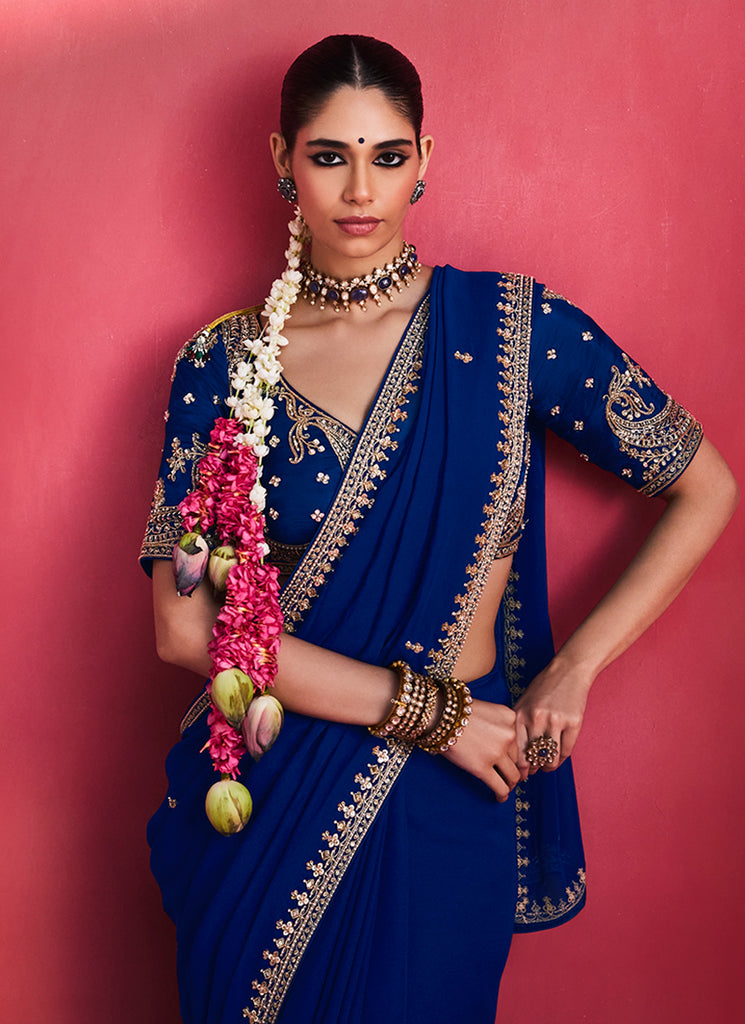 Royal Blue Saree with Handworked Blouse
