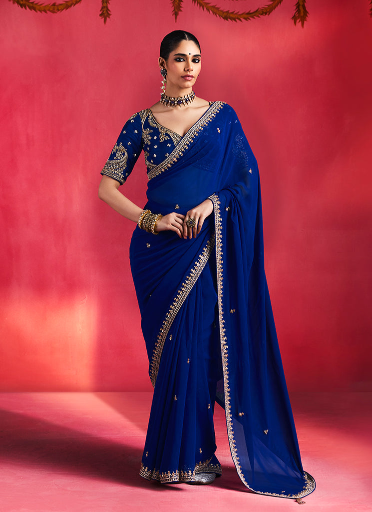 Royal Blue Saree with Handworked Blouse