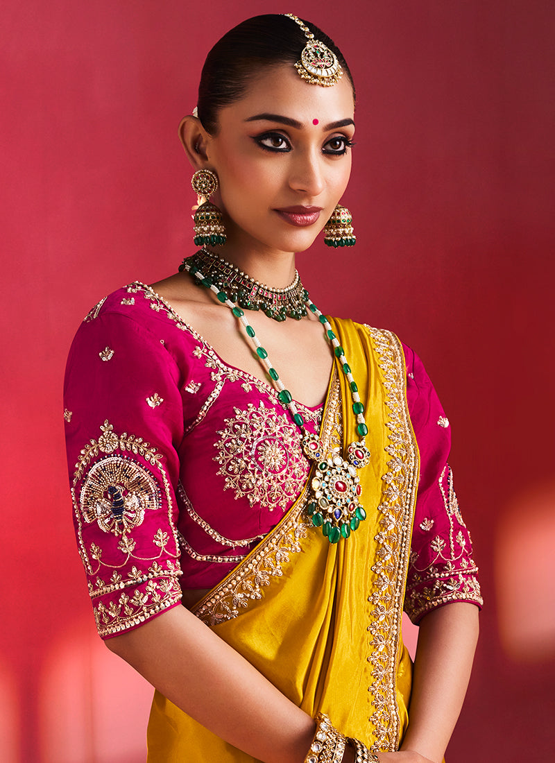 Yellow and Magenta Saree with Handworked Blouse