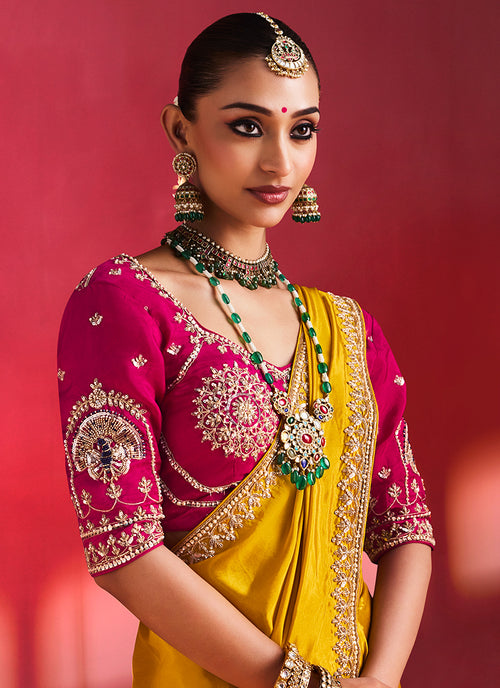 Yellow and Magenta Saree with Handworked Blouse