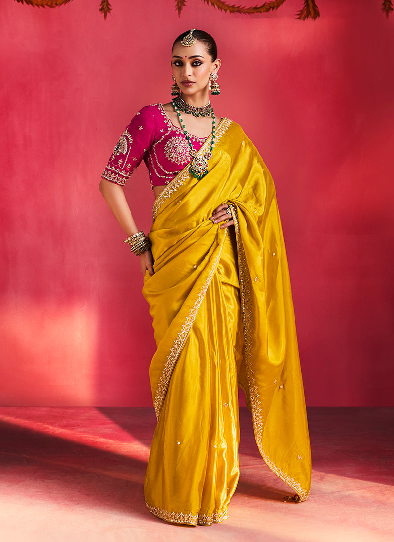 Yellow and Magenta Saree with Handworked Blouse