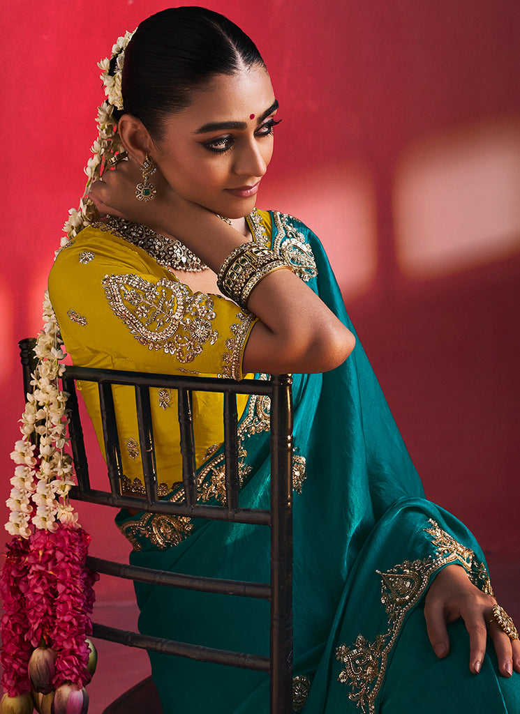 Teal Blue and Yellow Saree with Handworked Blouse