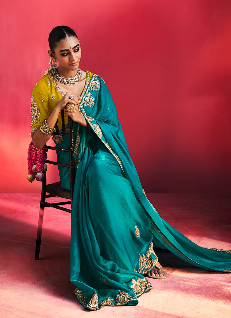 Teal Blue and Yellow Saree with Handworked Blouse
