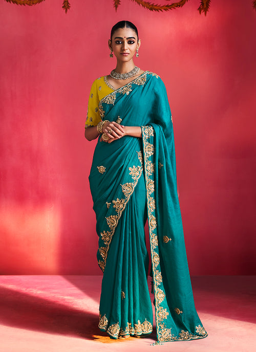 Teal Blue and Yellow Saree with Handworked Blouse
