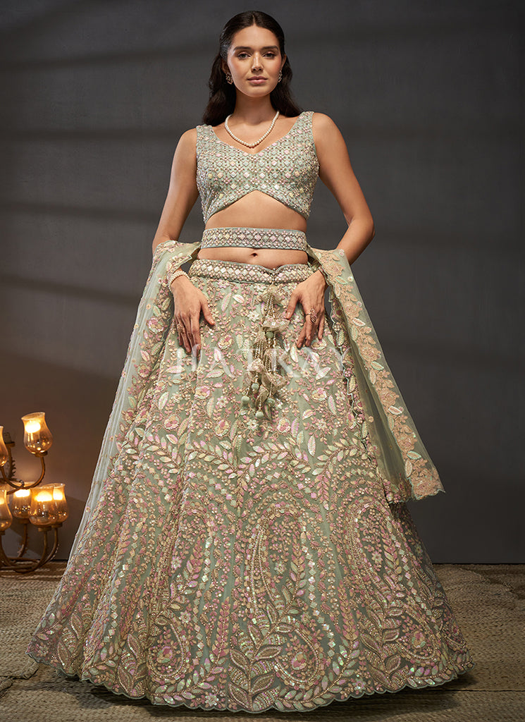 Sage Green Multi Embroidery Bridal Lehenga Choli