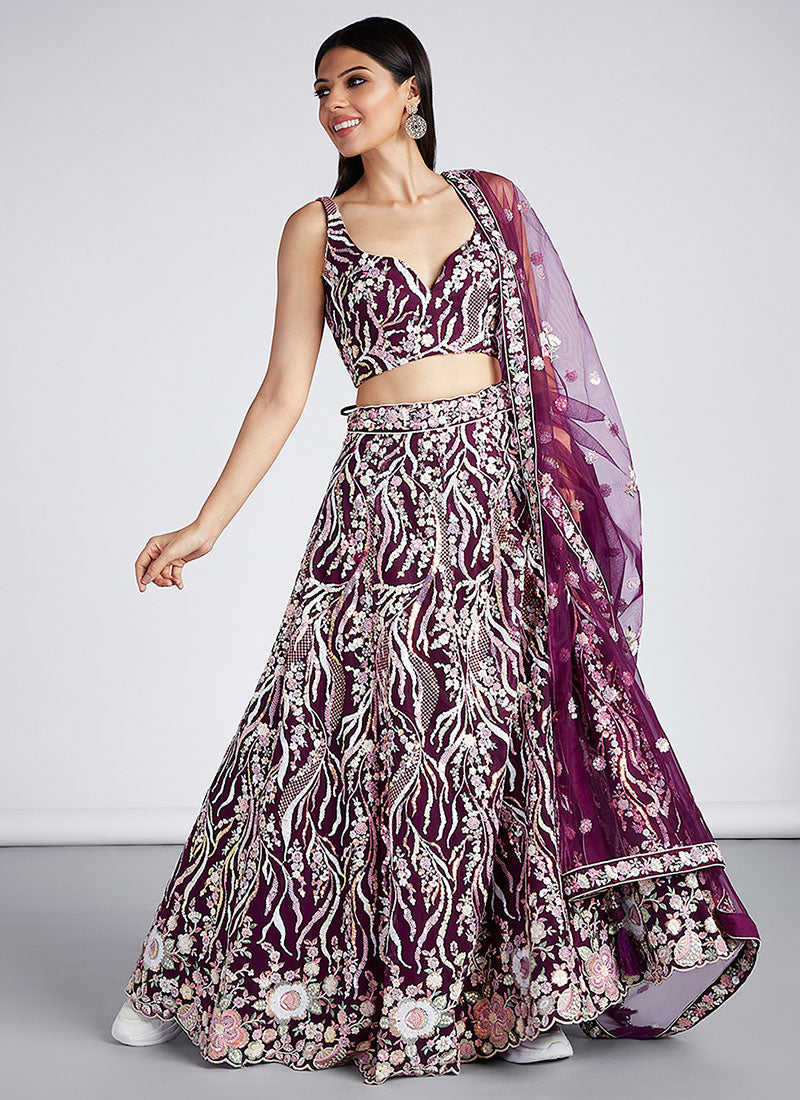 Deep Wine Multi Embroidery Lehenga Choli And Dupatta
