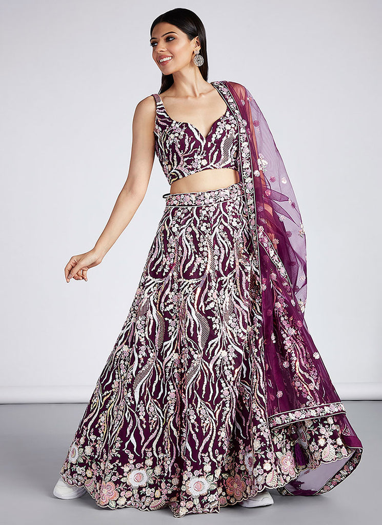 Deep Wine Multi Embroidery Lehenga Choli And Dupatta