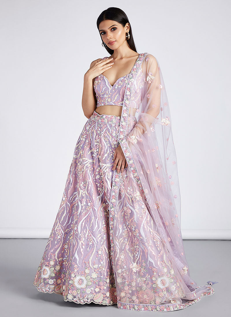 Purple Embroidered Choli With Lehenga And Dupatta