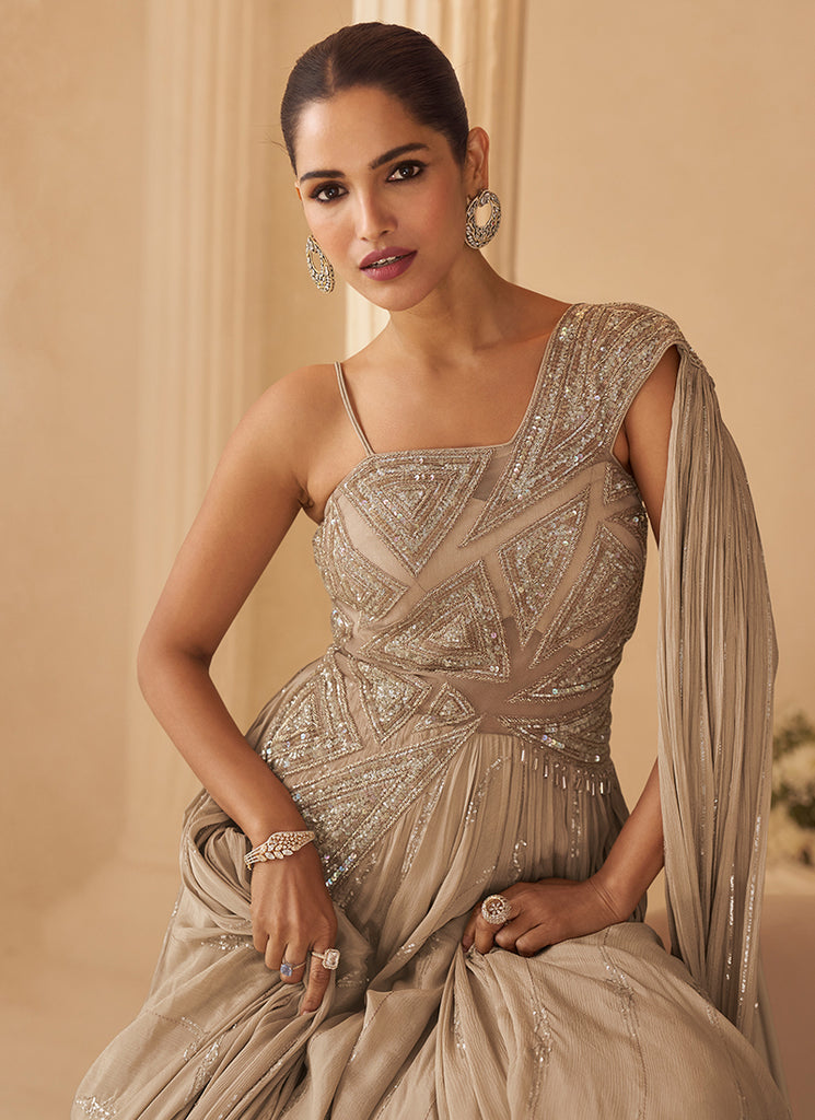 Buy Golden Beige Anarkali Gown In USA