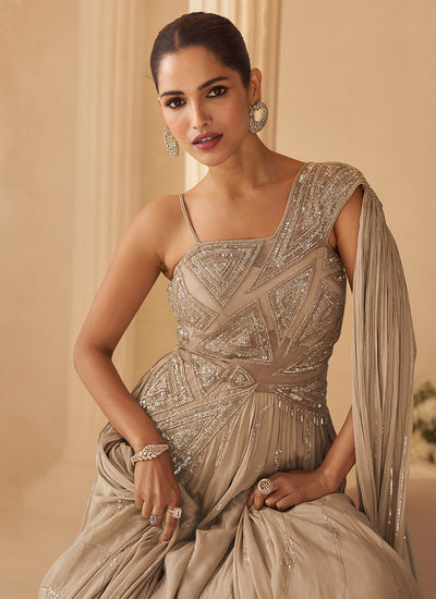 Golden Beige Hand Embroidery Anarkali Gown