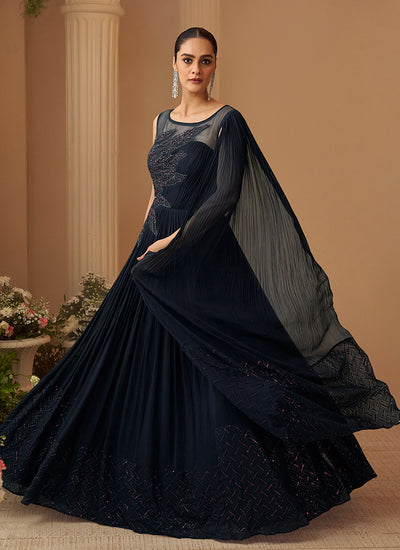 Dark Blue Hand Embroidery Anarkali Gown