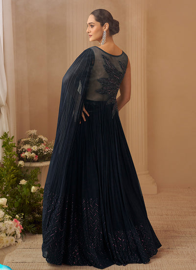 Dark Blue Hand Embroidery Anarkali Gown