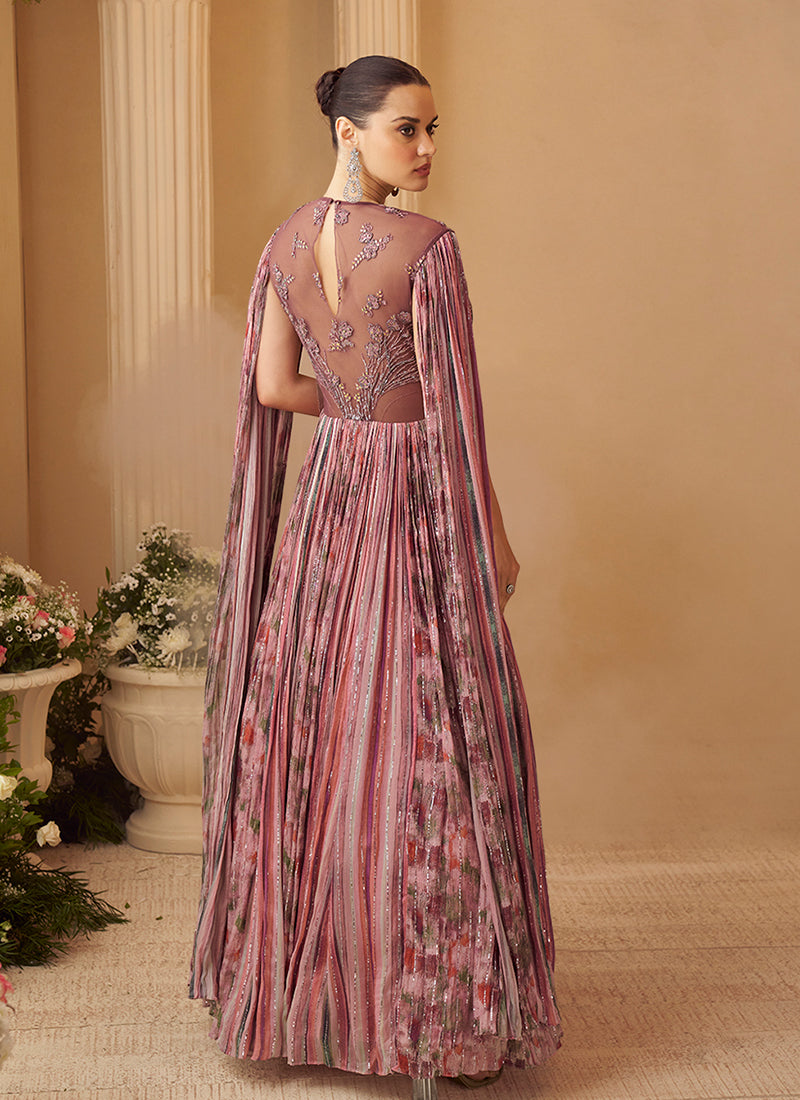 Buy Pink Embroidered Sleeve Anarkali Gown In Canada
