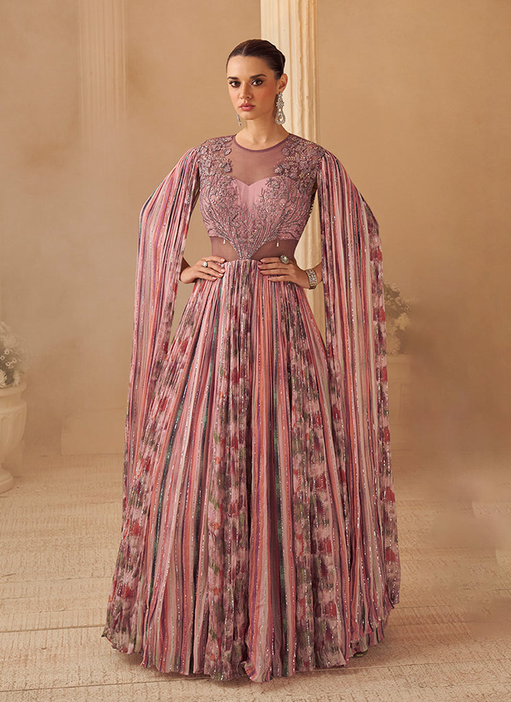 Pink Hand-Embroidered Cape Sleeve Anarkali Gown