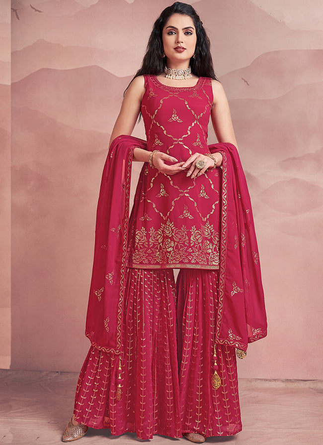 Cherry Red Sequence Embroidery Gharara Style Suit
